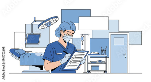 Surgeon in Mask and Gloves Checks Patient Chart in Modern Operating Room