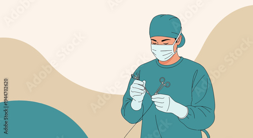 Surgeon in mask and scrubs holding surgical instruments, ready for operation