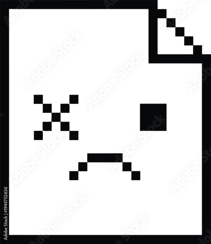 Pixelated Sad Face Error Document Icon Vector for Website 404 Page Not Found, Broken File, or Digital Glitch Notifications