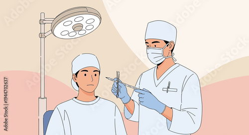 Surgeon in mask and gloves prepares for cosmetic surgery on patient in clinic