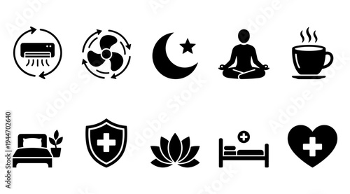A collection of black icons on a white background representing health, wellness, and comfort. The icons include symbols for air conditioning, recycling, meditation, and healthcare.