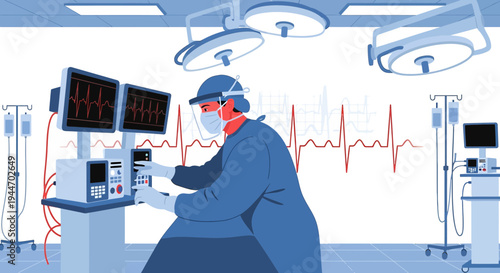 Surgeon in operating room monitoring patient vital signs on screens during surgery.