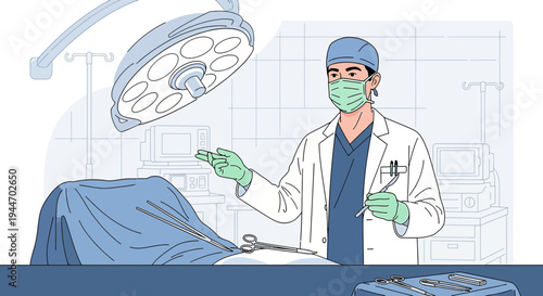 Surgeon in Operating Room Preparing for Surgery with Surgical Instruments and Medical Equipment