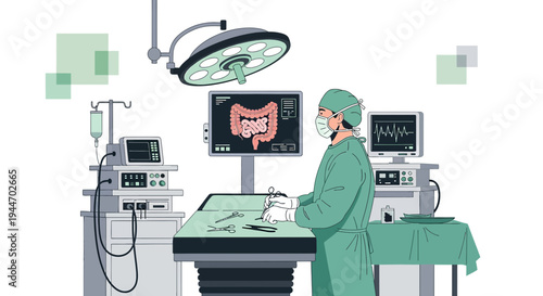 Surgeon in Operating Room with Colon Displayed on Screen, Medical Equipment