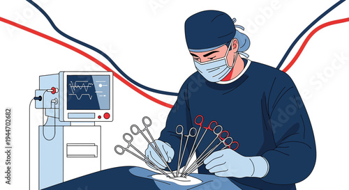 Surgeon in operating room with medical equipment and surgical instruments