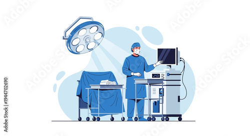 Surgeon in Operating Room with Medical Equipment and Monitor