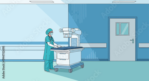 Surgeon in Operating Room with Medical Equipment, Preparing for Surgery