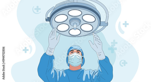 Surgeon in protective gear under operating room light, ready for surgery.