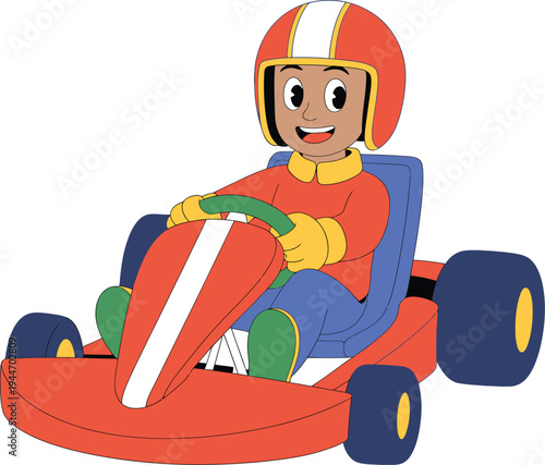 Boy in racing suit and helmet driving go-kart, flat illustration, motorsport fun, go kart