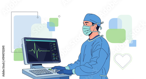 Surgeon in scrubs and mask monitors vital signs on a computer screen in a modern operating room.