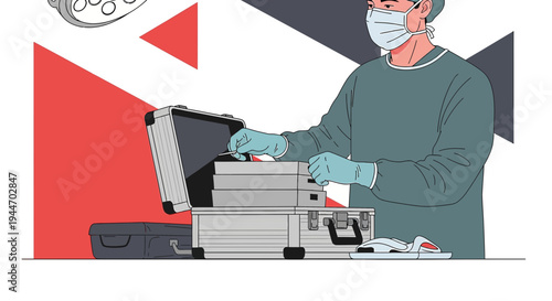 Surgeon in scrubs and mask prepares medical equipment in sterile case, abstract background