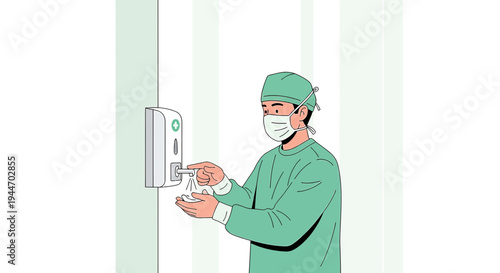 Surgeon in scrubs and mask sanitizing hands at dispenser in hospital hallway
