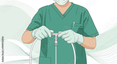 Surgeon in scrubs and mask preparing medical equipment for surgery