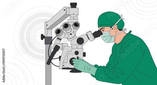 Surgeon in scrubs and mask using a surgical microscope for precision operation, medical technology
