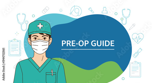 Surgeon in scrubs and mask with Pre-Op Guide text, medical icons