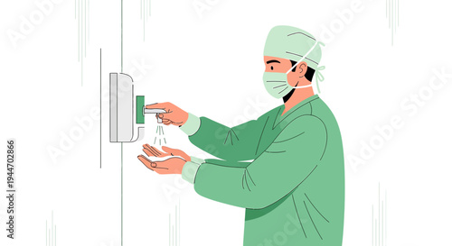 Surgeon in scrubs and mask washing hands at dispenser, hygiene concept