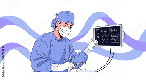 Surgeon in scrubs monitors vital signs on a screen during a surgical operation