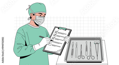 Surgeon in scrubs checking checklist before operation with surgical tools laid out