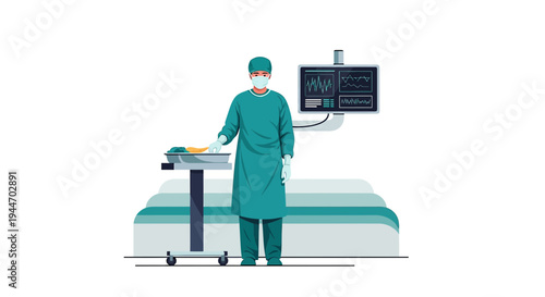 Surgeon in scrubs in operating room with medical equipment and monitors
