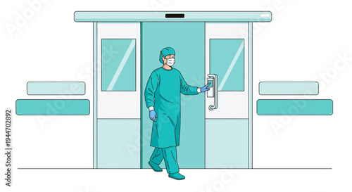 Surgeon in scrubs exiting operating room doors, medical professional, healthcare, hospital, sterile environment