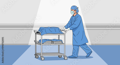 Surgeon in scrubs pushing a medical cart with sterile surgical drapes in a hospital operating room.