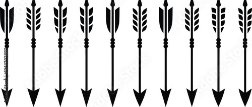 Set of 9 Black Arrow Icons Vector Collection with Different Fletching Styles, Pointing Downwards, Ideal for UI Design and Infographics