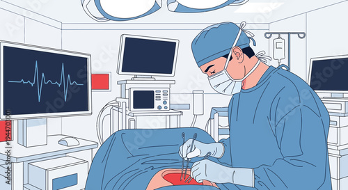Surgeon in sterile operating room performing surgery with medical equipment and monitors