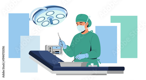 Surgeon in sterile scrubs and mask prepares for surgery under operating room light