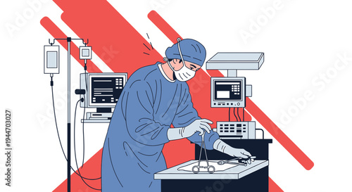 Surgeon in sterile scrubs and mask prepares for surgery with medical equipment