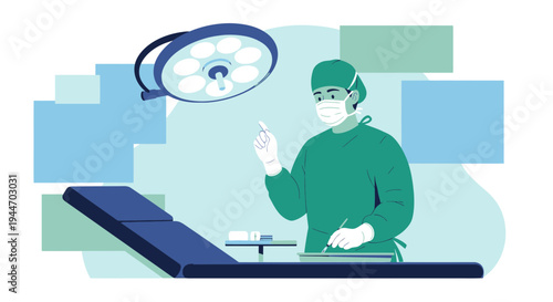 Surgeon in sterile scrubs and mask preparing for operation under surgical lights