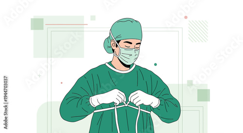 Surgeon in sterile scrubs and mask preparing for surgery, medical illustration