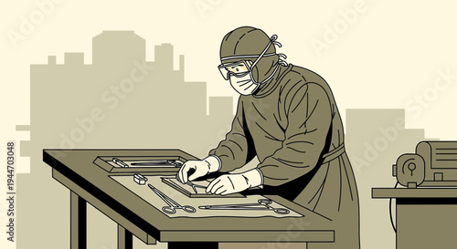 Surgeon in sterile scrubs and mask preparing surgical instruments on a table, cityscape background