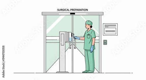 Surgeon in sterile scrubs entering surgical prep area through automatic doors