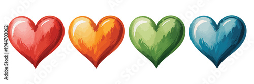 Set of 4 Colorful Watercolor Heart Icons Vector Illustration for Love, Romance, Valentine's Day, and Emotional Concepts