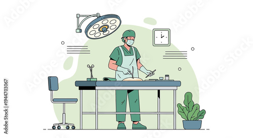 Surgeon in sterile scrubs performing operation under surgical light in operating room