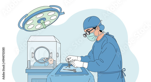 Surgeon in sterile scrubs performs delicate procedure on infant in incubator under surgical light
