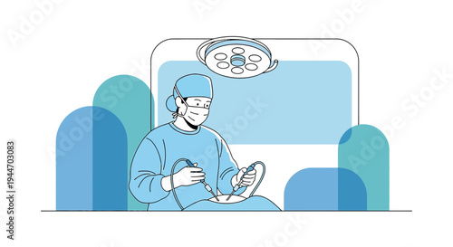 Surgeon in sterile scrubs performing surgery under bright operating room light