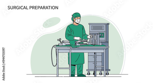 Surgeon in sterile scrubs prepares for surgery, medical equipment on table