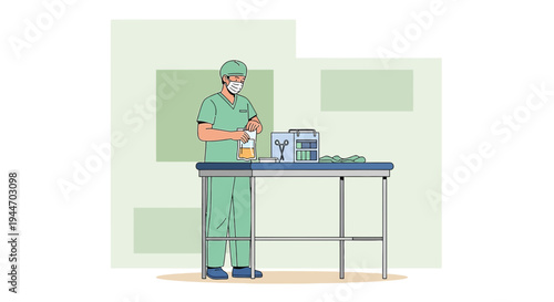 Surgeon in sterile scrubs prepares medical instruments on a table in an operating room.