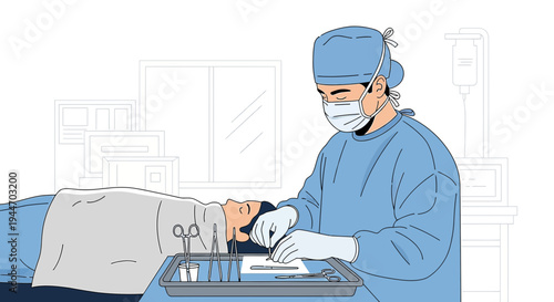 Surgeon in surgical attire preparing for operation on patient in operating room