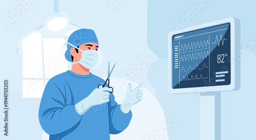 Surgeon in surgical attire preparing for operation with vital signs monitor in operating room
