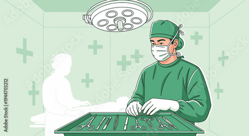 Surgeon in surgical attire preparing instruments for operation in operating room