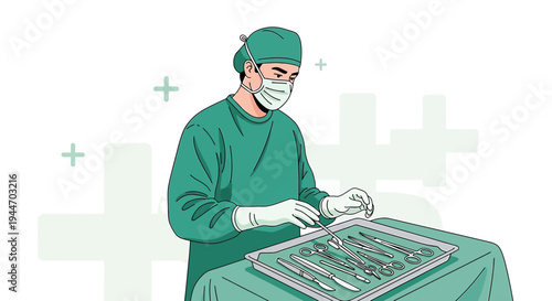 Surgeon in surgical attire preparing instruments for an operation, medical background