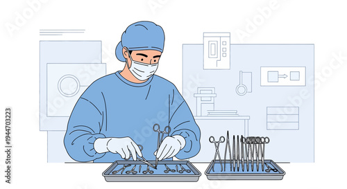 Surgeon in surgical attire preparing instruments for operation, medical equipment, sterile environment.