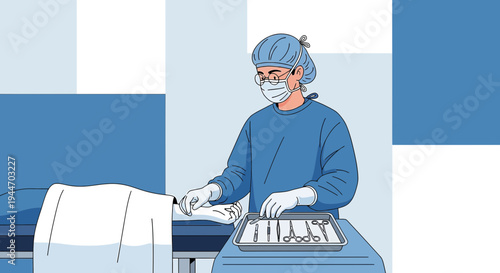 Surgeon in surgical attire preparing instruments for operation in operating room