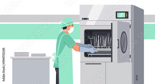 Sterilization Process: Healthcare Worker Loading Surgical Instruments into Autoclave