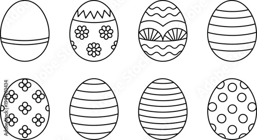 Easter eggs line art with various patterns in black and white for holiday design