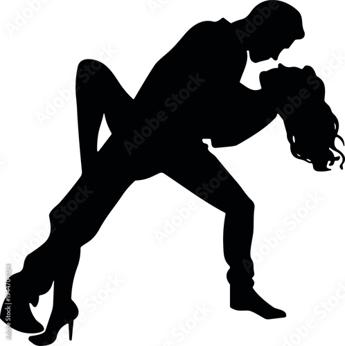 Black silhouette of a romantic couple dancing, man dipping woman in passionate pose, tango or ballroom dance, flat vector illustration