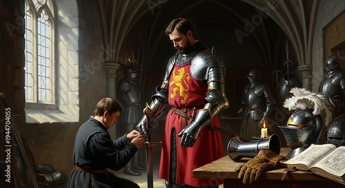 Solemn knighting ceremony in a medieval castle chamber.