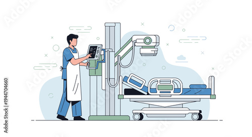 Radiologist operating X-ray machine next to patient in hospital bed, medical technology concept